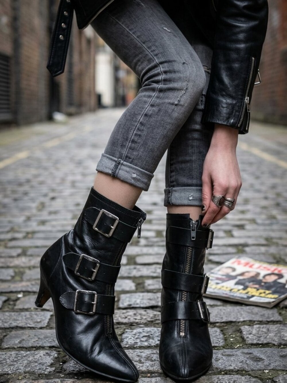 Vintage 90s Black Leather Buckle Ankle Boots Rock Star US 7 Kitten Heel